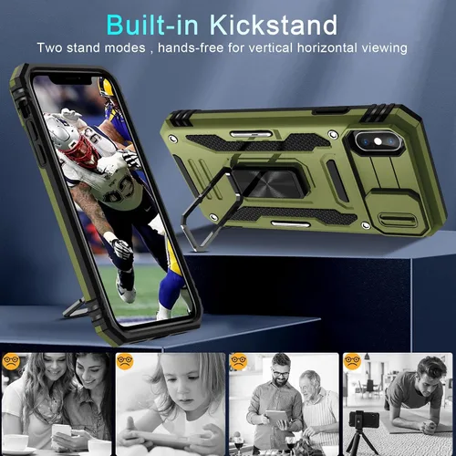 Vista 284 de DEERLAMN Funda para iPhone Xs Max con funda deslizante para cámara + protector de pantalla, soporte giratorio de anillo de grado militar a prueba