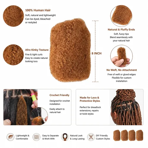 Vista 2 de YONNA Cabello humano afro rizado a granel de 8 pulgadas para trenzas de #28 Rubio rojo anaranjado