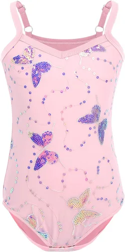 Vista 3 de AFAVOM Camisola de lentejuelas de mariposa para niñas, vestido de ballet con volantes, falda tutú con purpurina, leotardo, disfraz de bailarina