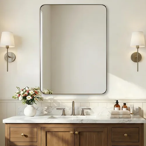 Vista 45 de ANDY STAR Espejo de pared cuadrado para baño, espejo de baño negro mate de 24 x 24 pulgadas, espejo de metal de esquina redondeada en marco de acero