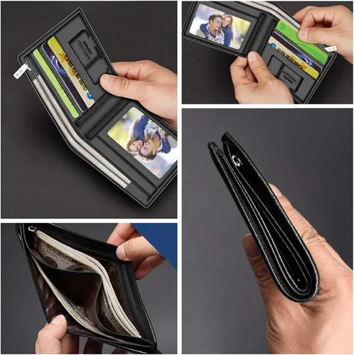 Vista 18 de LAORENTOU Billeteras de cuero genuino para hombre, billeteras plegables con cremallera, bolsillo para monedas, casual, cartera delgada