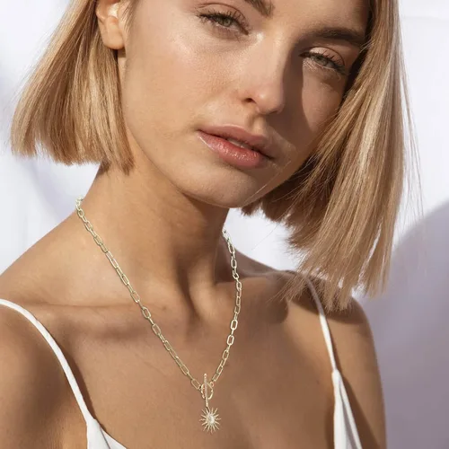 Vista 3 de DoreenBeads 18K Gold Plated Sun Moon Star Evil Eye Pendant Necklace Toggle Paperclip Chain Necklace Jewelry Gift for Women Girls