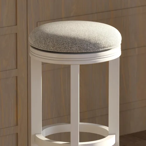 Vista 5 de NewRidge Home Goods Avery Taburete de bar de madera sin respaldo de 25 pulgadas con asiento giratorio gris tapizado, marco blanco, 25 pulgadas