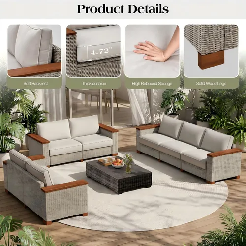 Vista 4 de PaPaJet Sofá de dos plazas para exteriores, sofá de mimbre con reposabrazos y patas sólidos, cojín de 4.7 pulgadas de grosor, sofá modular