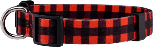 Vista 2 de Native Pup Collar de perro a cuadros, leñador rojo, tartán, azul, rosa, ajustable para perros grandes y pequeños (rojo, mediano)