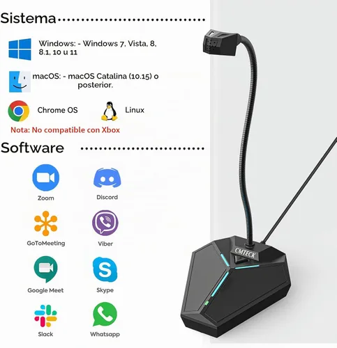 Vista 6 de Micrófono de computadora USB, micrófono de escritorio omnidireccional de condensador Plug & Play para PC y portátil, botón de silencio con indicador
