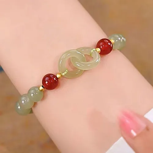 Vista 2 de Lucky Feng Shui Pulsera de jade natural, pulsera de jade hetiano, cuentas de barril de jade nefrita, pulsera de jade con botón de seguridad