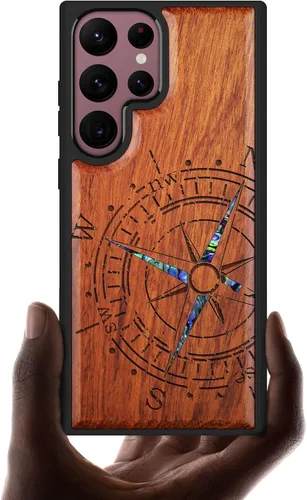 Vista 11 de Carveit Funda hecha a mano para Galaxy S22 Ultra (brújula-negro)