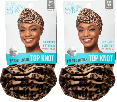 Vista 10 de KISS COLORS & CARE Turbante preatado con nudo superior, negro, elegante, elástico y suave para dormir, máxima protección del cabello, minimiza