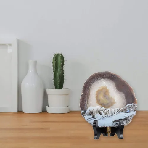 Vista 4 de Rockcloud Osos polares ágata losa exhibición con soporte de madera forma irregular Aagte Slice Stone Home Office Desk Ornamento
