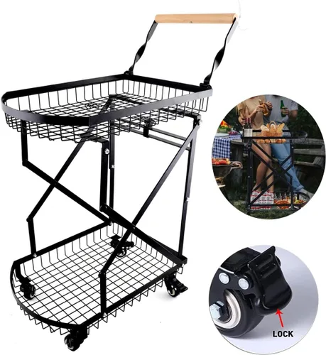 Vista 5 de Carrito plegable multiusos de 2 niveles, carrito de compras plegable móvil con caja de almacenamiento de ruedas y mango de madera para oficina, sala