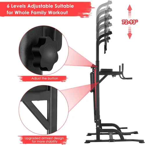 Vista 3 de Arlopu Torre de Potencia con Banco, Soporte de Barra de Dominadas, Barra de Fondos con Banco Plegable, 4 Cuerdas Entrenamiento de Fuerza, Equipo