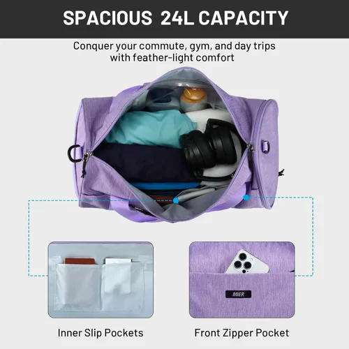 Vista 5 de MIER Bolsa de deporte redonda con compartimento para zapatos y bolsillo húmedo, bolsa de mano ligera para hombres y mujeres, entrenamiento, fitness