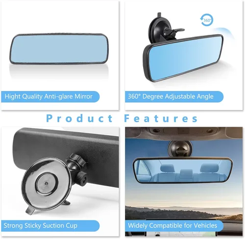 Vista 5 de Espejo retrovisor, antirreflejo, color azul HD, universal, espejo retrovisor para interior de automóvil, con ventosa ajustable, para caravana