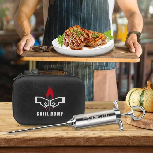 Vista 8 de Grill Bump Kit de jeringa para inyector de carne con 3 agujas de inyector profesional de marinada y estuche de viaje para ahumador de parrilla, pavo