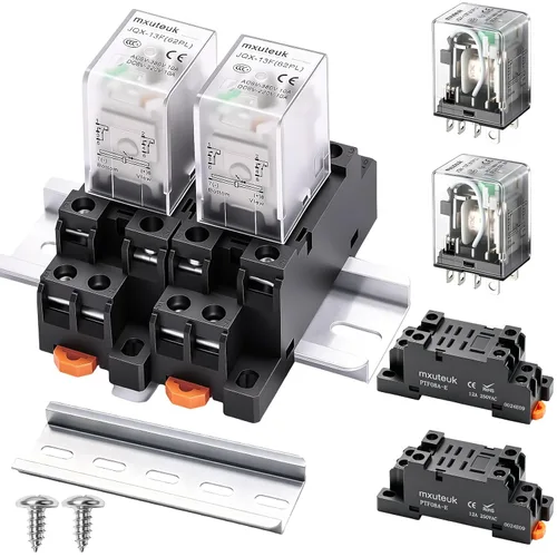 Vista 10 de mxuteuk 2 piezas HH54P DC 12V Bobina de 14 pines 3A 4PDT Relé de alimentación electromagnético con indicador LED, con base, con riel DIN de aluminio