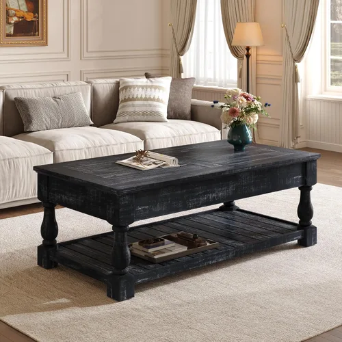 Vista 3 de Henf Mesa auxiliar elevable con almacenamiento, mesas de centro de madera maciza de 47.24 pulgadas con parte superior elevable, 3 bandejas