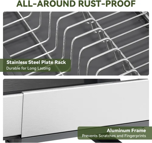Vista 12 de Urackify Escurridor de platos expandible, escurridor de platos de acero inoxidable con marco de aluminio, escurridor de platos para encimera