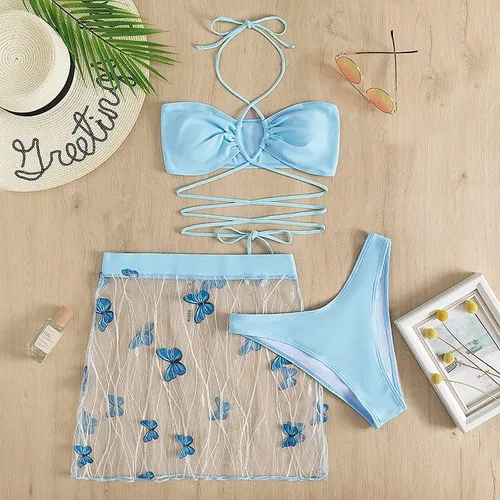 Vista 3 de Fronage Traje de baño de playa para mujer, conjunto de bikini floral con diseño de mariposas, regalos