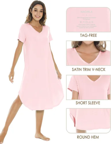 Vista 3 de NACHILA Camisones para mujer, viscosa hecha de bambú, cuello en V, manga corta, ropa de dormir fresca S-2X