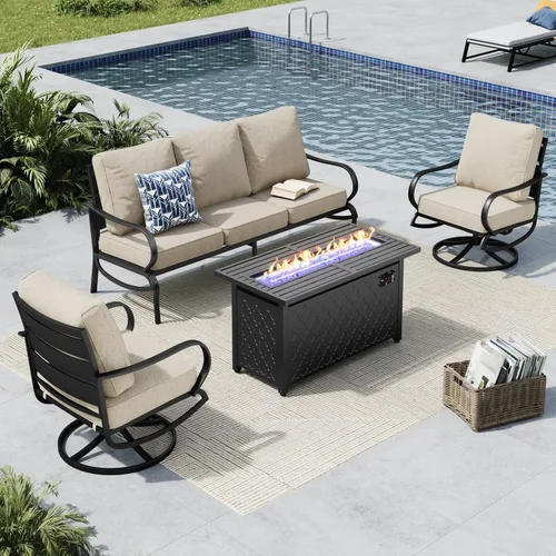 Vista 49 de MFSTUDIO Juego de 4 piezas de conversación para patio, marco de metal para todo tipo de clima, muebles de exterior con 1 mesa rectangular de propano
