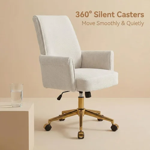 Vista 4 de YITAI Silla de escritorio giratoria de terciopelo de 360°, moderno sillón de oficina en casa con base dorada y ruedas para tocador, cómoda silla