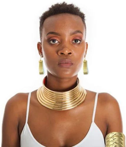 Vista 5 de Aijian Gargantillas africanas de Egipto en tono dorado, collar de cuero grueso, gargantilla africana, estilo punk, gótico (c-1 juego (dorado)