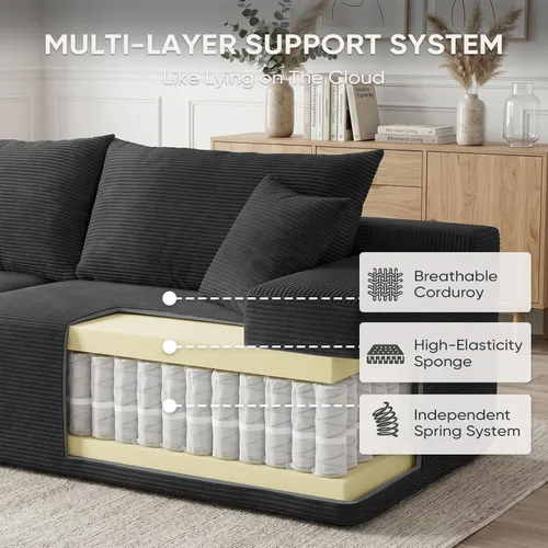 Vista 5 de Sofás seccionales negros para sala de estar, sofá sin estructura rígida con chaise en forma de L, sofá modular en caja con asiento profundo,
