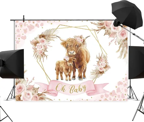 Vista 3 de Newsely Fondo de decoración de vaca de las tierras altas para baby shower, 7 pulgadas de ancho x 5 pulgadas de alto, fotografía, bohemio, rosa