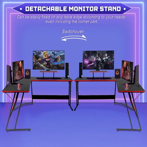 Vista 7 de NChanmar Escritorio para juegos en forma de L con soporte elevador para monitor, escritorio de esquina para oficina en casa para estudiar, trabajar