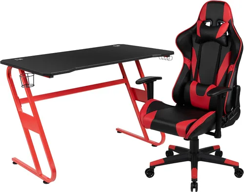 Vista 38 de Flash Furniture Juego de escritorio para juegos negro y silla de carreras blanco/negro con soporte para tazas, gancho para auriculares y soporte