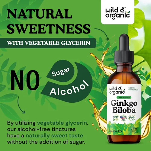 Vista 6 de Wild & Organic Tintura de ginkgo biloba, apoyo para el cerebro y la concentración con suplemento de hoja de ginkgo, tintura de extracto de hierbas