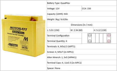 Vista 4 de MotoBatt MB7BB (12V 9 Amp) 150CCA activada de fábrica QuadFlex AGM Reemplazo de batería - YB7B-B