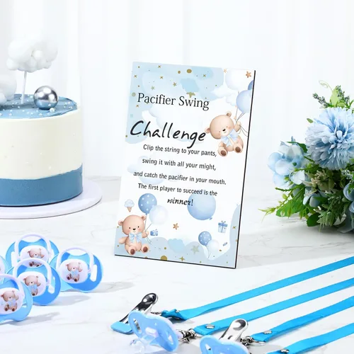 Vista 6 de Geelin Juego de 12 juegos de chupete con columpio para baby shower, juegos divertidos de revelación de género, incluye 1 letrero de madera y 12