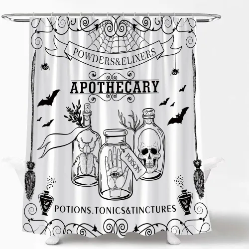 Vista 2 de Cortina de ducha espeluznante de Halloween, alquimia negra, bruja del mundo mágico, calabaza, brujería, calavera de terror, fantasmas espeluznantes
