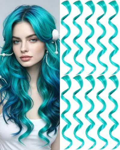 Vista 10 de 10 extensiones de cabello sintético rizado y ondulado negro con clip, reflejos de fiesta de neón arcoíris, accesorios de cabello coloridos