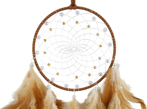 Vista 2 de Atrapasueños marrones, plumas de pollo con perla de cristal, atrapasueños hecho a mano para dormitorio, atrapasueños para niñas, atrapasueños