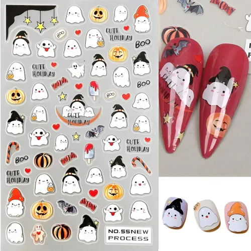 Vista 7 de 6 hojas de calcomanías de arte de uñas de Halloween, lindas calcomanías de fantasma, 3D, autoadhesivas, telaraña, murciélago, calabaza, decoración