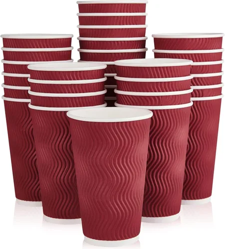 Vista 11 de JollyPack Paquete de 60 tazas de café de papel de 12 onzas, vasos desechables de color rojo vino con pared ondulada aislada para café, té