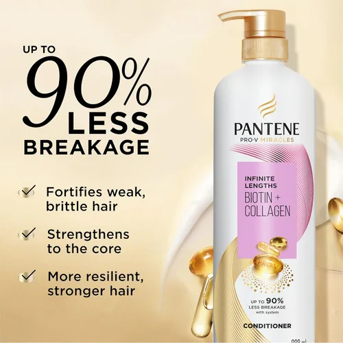 Vista 2 de Pantene Infinite Lengths Acondicionador con biotina + colágeno, fortalece el cabello quebradizo, hasta un 90% menos de roturas, milagro en 1 minuto