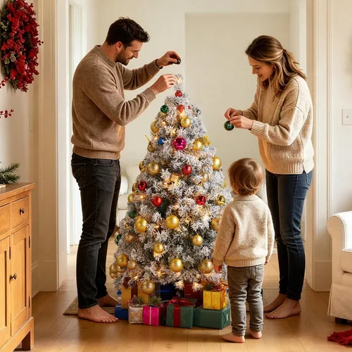 Vista 7 de Yaheetech Árbol de Navidad artificial preiluminado de 4.5 pies con luces incandescentes de color blanco cálido, árbol de Navidad con 340 puntas