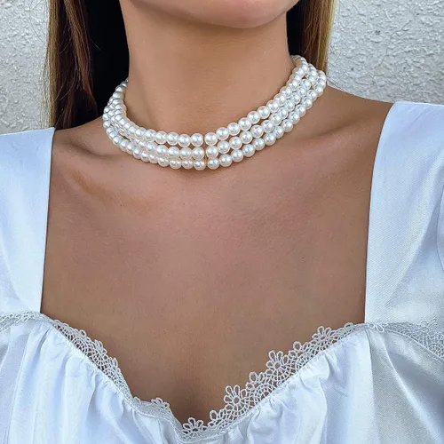 Vista 3 de Jumwrit Gargantilla de perlas, collar de perlas en capas, accesorios de disfraz, collar con cierre de palanca para mujeres y niñas, Metal