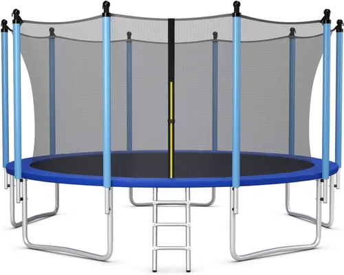 Vista 10 de GYMAX - Trampolín recreativo de 8, 10, 12, 14, 15 y 16 pies, con red de seguridad y escalera, certificado por ASTM, trampolín para exteriores