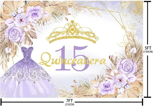 Vista 5 de AIBIIN Telón de fondo de quinceañera de 15 cumpleaños de 7 x 5 pies para niña dulce, bohemio, morado con purpurina Mis Quince Anos, fondo