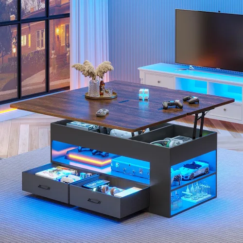 Vista 9 de Itaar - Mesa auxiliar con tapa elevable, mesa de centro 4 en 1 con almacenamiento y compartimento oculto, mesa de centro de estilo granja con 2