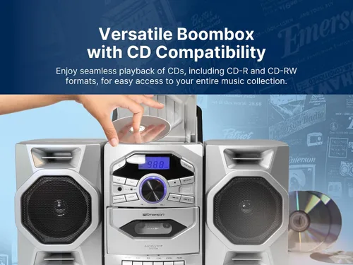 Vista 6 de Emerson Reproductor de CD portátil Boombox con reproductor de cassette, grabadora de cinta, radio AM/FM, entrada AUX, altavoces desmontables