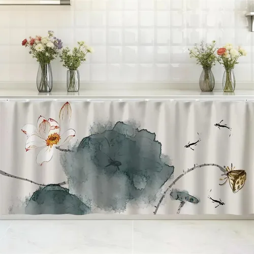 Vista 21 de SK Studio Cortinas cortas para cocina, estante de gabinete, a prueba de polvo, cortina opaca para café debajo del fregadero, falda para baño