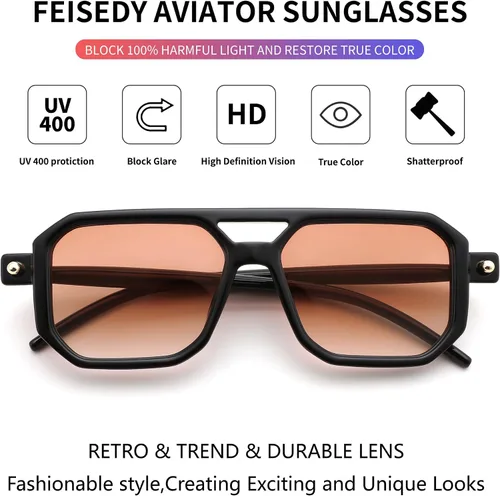 Vista 4 de Feisedy - B2622 - Lentes de sol estilo aviador, cuadrados, clásicos de los años 70, unisex, con montura clásica retro y elegante, UV400