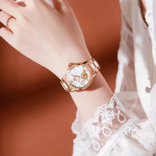 Vista 3 de OLEVS Relojes para mujer, de cuerda automática, oro rosa, diamante, reloj de pulsera mecánico automático, acero inoxidable, dos tonos, pulsera