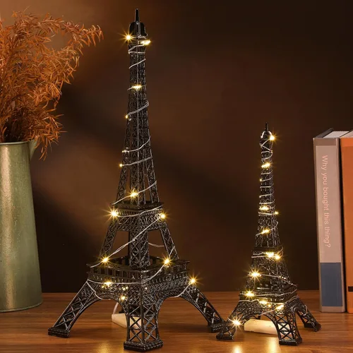 Vista 5 de DoubleFill Estatua de la Torre Eiffel de metal de 10 y 15 pulgadas, modelo de torre Eiffel, decoración temática de Pari con 2 cuerdas de luz